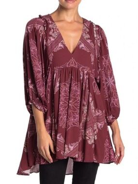 Free People Girl Talk V-Neck Printed Tunic Top Dress M